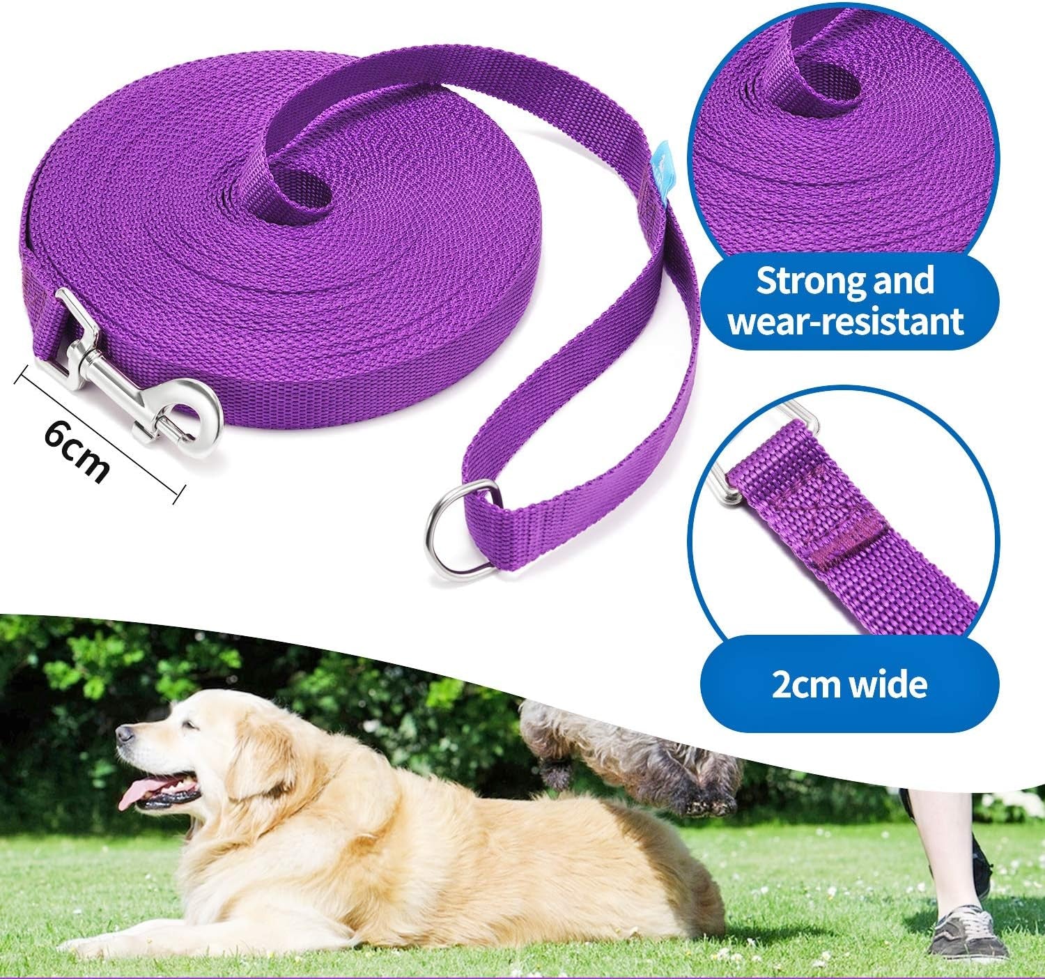 15/20/30/50/100 Ft Long Dog Training Leash with Clickers for Small, Medium and Large Dogs or Cats (30 Feet, Purple)