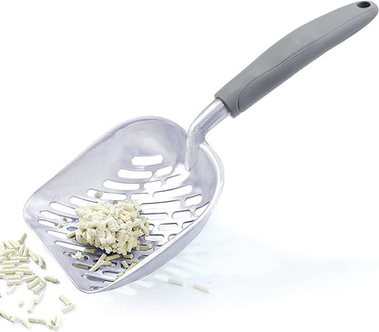 Cat Litter Scoop, Durable Metal Litter Scoop for Kitty, Sifter with Deep Shovel and Ergonomic Handle, Made of Heavy Duty Solid Aluminum, Jumbo Size, Grey